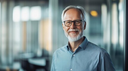 Obraz premium Smiling elderly man with glasses in an office setting, showcasing professionalism and confidence, with a modern corporate background.