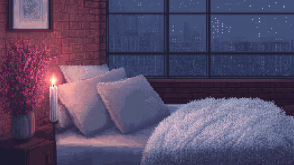 Cozy Bedroom with City View and Rain - Pixel Art