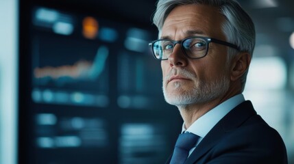 Mature businessman in formal suit and glasses standing in front of financial data screens in modern office.