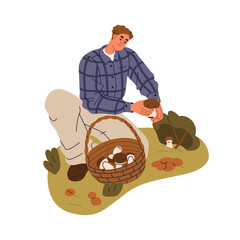 Picking mushrooms in autumn forest. Kneeling man finding fall fungi. Mushroomer gathering, collecting fresh seasonal fungus into wicker basket. Flat vector illustration isolated on white background
