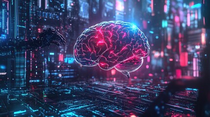 Obraz premium Futuristic brain in a digital landscape.