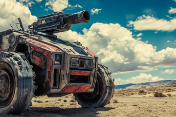 Fototapeta premium A red and white vehicle with a large gun mounted on top. The vehicle is parked in a desert