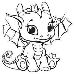 Obraz premium Baby Cute Dragon Outline Design - Dragon vector illustration in black and white