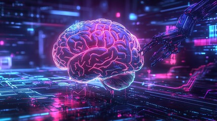 Futuristic brain with robotic elements in a digital space.