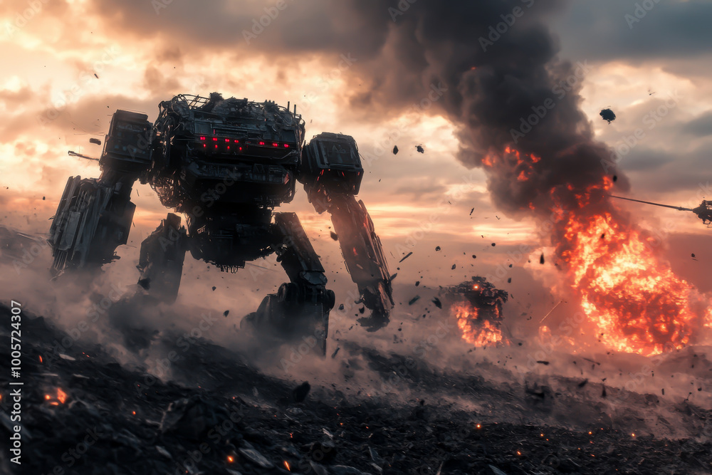 Wall mural a robot is fighting another robot in a war. the robot is surrounded by fire and smoke. the scene is 