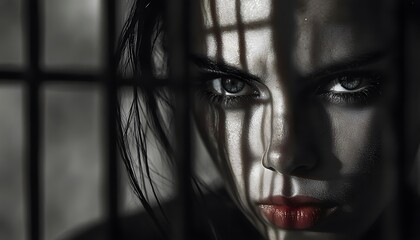 A woman behind bars, plotting revenge with a sinister grin, light casting shadows across her face, on a pale grey background