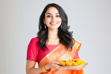 young indian woman holding sweet plate on white background