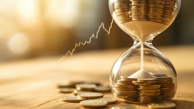 Hourglass with Coins and Descending Interest Rate Line   Time and Money Concept