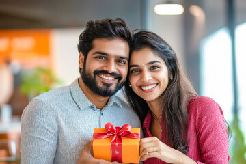young indian couple holding gift box at office