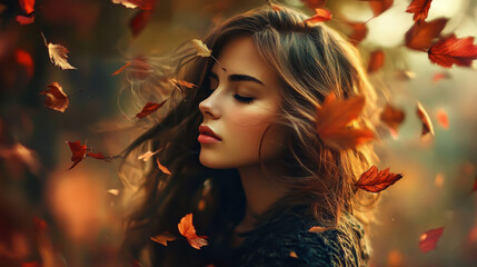 A woman with long brown hair is standing in a field of falling leaves. The leaves are scattered around her, creating a sense of movement and freedom. The woman is lost in thought