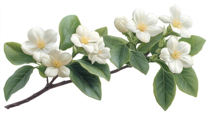 Obraz premium Beautiful branch with white flowers and green leaves, perfect for spring themes, floral decorations, or nature-inspired designs.