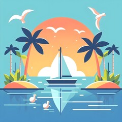 The illustration captures a peaceful coastal view featuring a sailboat gliding across calm waters, framed by palm trees and seagulls during sunset.