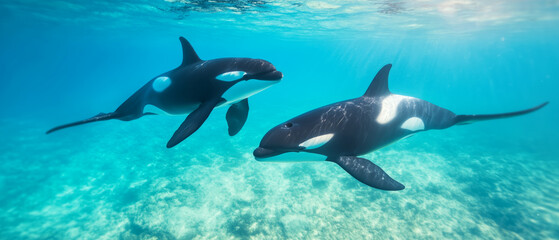 Two orcas swimming gracefully in clear ocean waters