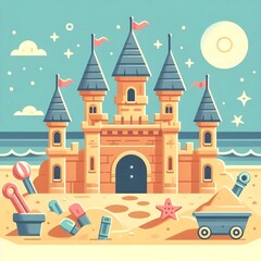 A colorful beach scene featuring a detailed sandcastle surrounded by palm trees, beach toys, and seagulls under a bright sun