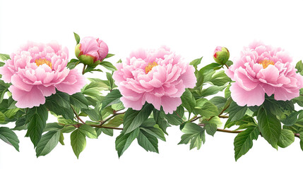 Fototapeta premium Beautiful pink peonies with lush green leaves arranged elegantly for a fresh and vibrant floral display.