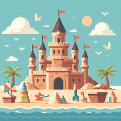A colorful beach scene featuring a detailed sandcastle surrounded by palm trees, beach toys, and seagulls under a bright sun
