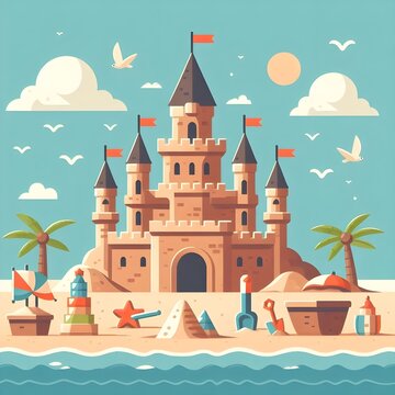 A colorful beach scene featuring a detailed sandcastle surrounded by palm trees, beach toys, and seagulls under a bright sun