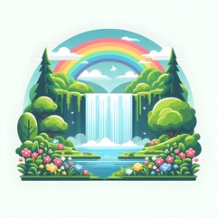 A breathtaking waterfall flows into a calm body of water, surrounded by lush trees and colorful flowers, with a rainbow arching overhead in a peaceful wilderness.