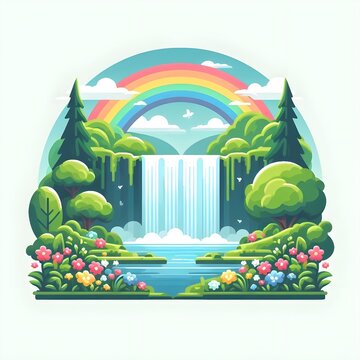 A breathtaking waterfall flows into a calm body of water, surrounded by lush trees and colorful flowers, with a rainbow arching overhead in a peaceful wilderness.