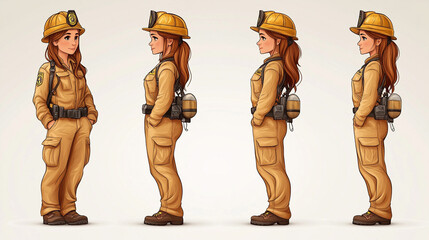 Cartoon firefighter character in uniform showcasing different poses and expressions. Ideal for educational or promotional use.