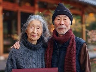 An elderly couple smiles for the camera. AI.