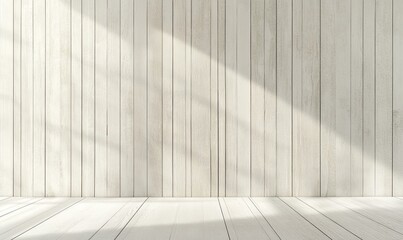 A contemporary wall design featuring vertical wooden panels in a soft light gray