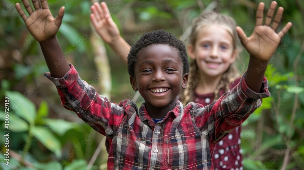 Sticker A boy and a girl wave their hands, smiling in the forest. AI.