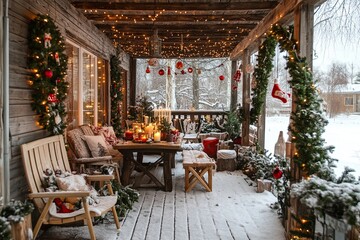 A cozy winter veranda with wooden chairs and a table adorned with Christmas