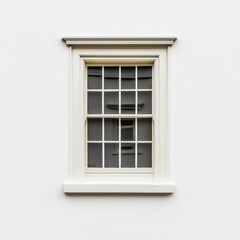 Fototapeta premium A classic white window with a decorative sill, set against a clean white wall.