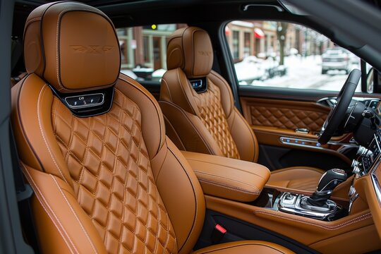 Close up view of luxurious brown leather car interior featuring quilted seats design