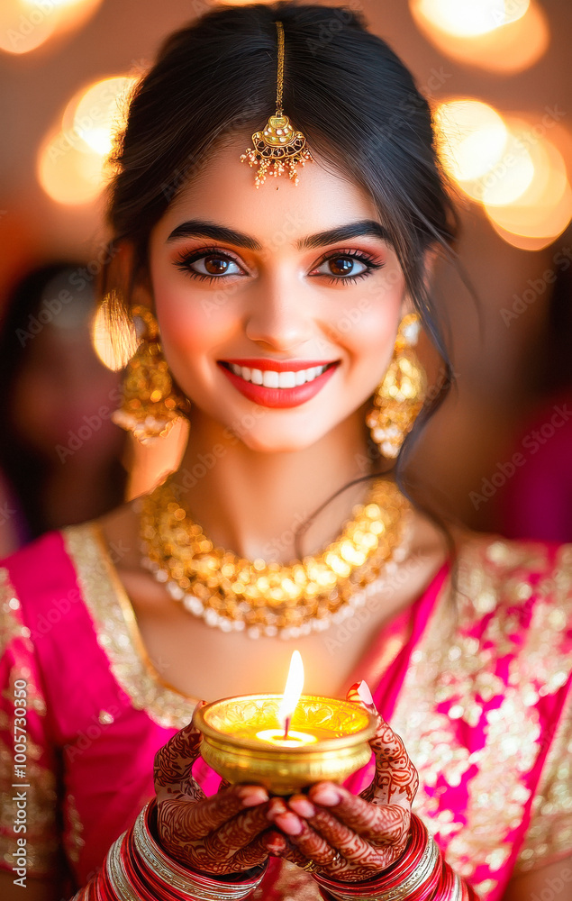 Sticker young indian woman holding oil lamps on diwali festival