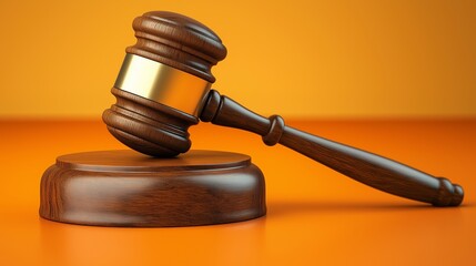 Obraz premium Wooden gavel with a gold band is placed on a wooden base. gavel is an important tool used by judges and lawyers in courtrooms. gold band on the gavel is a symbol of authority and power. Happy lawyer
