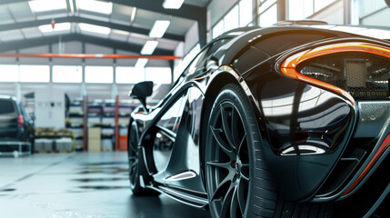 Fototapeta premium Modern car parked in spacious garage, ready for trade-in, showcasing clean and well-maintained interior.