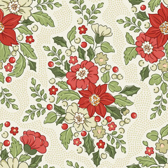 Retro Christmas Poinsettia, Mistletoe, Hellebores, Holly Berries Vector Seamless Pattern. Festive Flowers, Greenery Arrangement. Winter Holidays Botanical Print. Nostalgic Spirit.