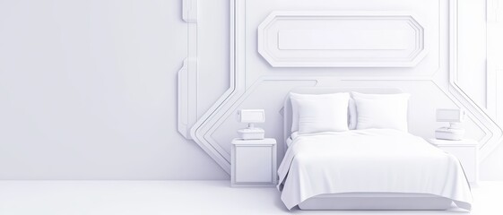 A modern, stylish bedroom with white bedding against a minimalist wall design and side tables, perfect for relaxation.