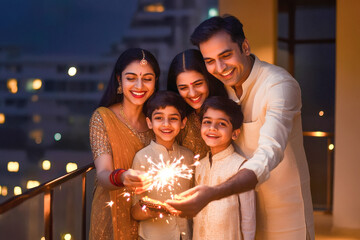 happy indian family celebrating diwali festival at home