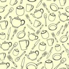 Vector pattern with black linear kettle, frying pan, cooking utensils on yellow background