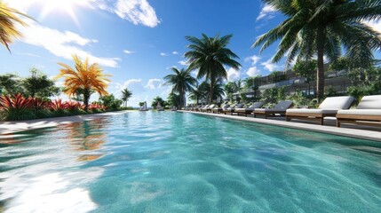 Fototapeta premium Tropical Resort with Swimming Pool and Palm Trees