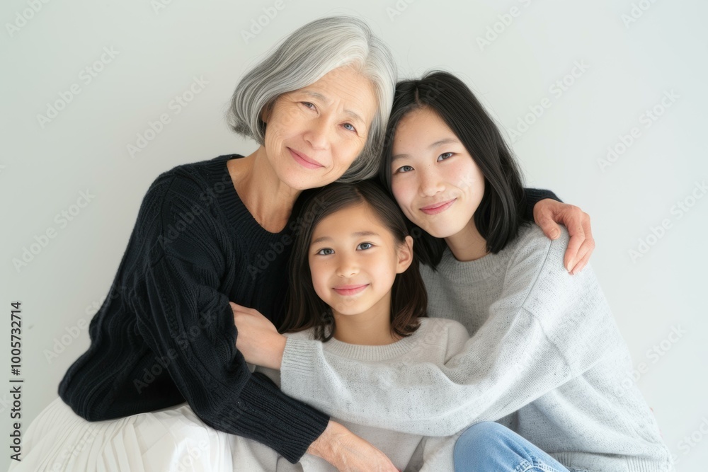 Poster Three generations of women smiling together. AI.