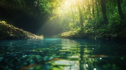 Fototapeta premium Serene forest river with sunlight filtering through.