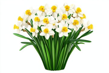 A vibrant bouquet of daffodils with white petals and yellow centers, set against a white isolated background.
