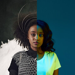 Angel warrior. Creative collage. African-American woman with an angelic halo and chainmail,...