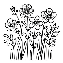 Cute design with flowers coloring page, Hand drawn flat design simple flower outline set.