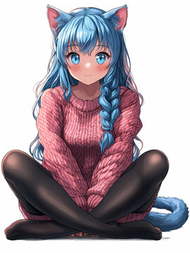 Anime full-body cute neko girl with blue hair in a sitting position. 