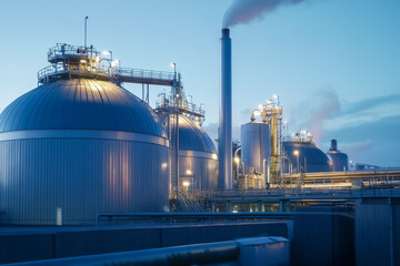 Obraz premium A large industrial plant with many tanks and pipes. The sky is dark and cloudy. Scene is somber and industrial