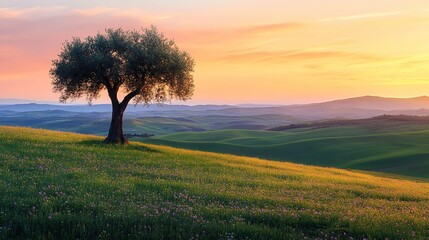 Serene landscape with a lone tree at sunset.