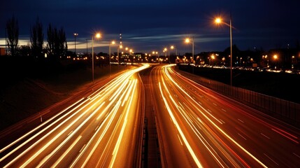 Night Traffic with Light Trails on Busy Highway