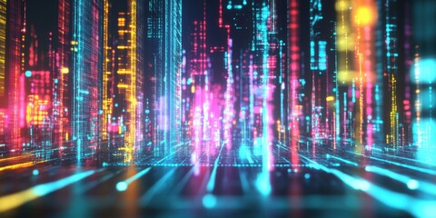 Naklejka premium a city with neon lights and buildings