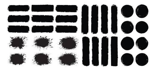 Big bundle of different ink brush strokes:rectangle,square and round freehand drawings.Ink splatters,grungy painted lines,artistic design elements:waves,circles,triangles.Vector paintbrush set.