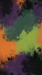 Rough, gritty texture background with a Halloween theme, dark and moody colors like deep orange, black, dark purple, and eerie green. Cracks, scratches, and uneven patches, use for graphic design.